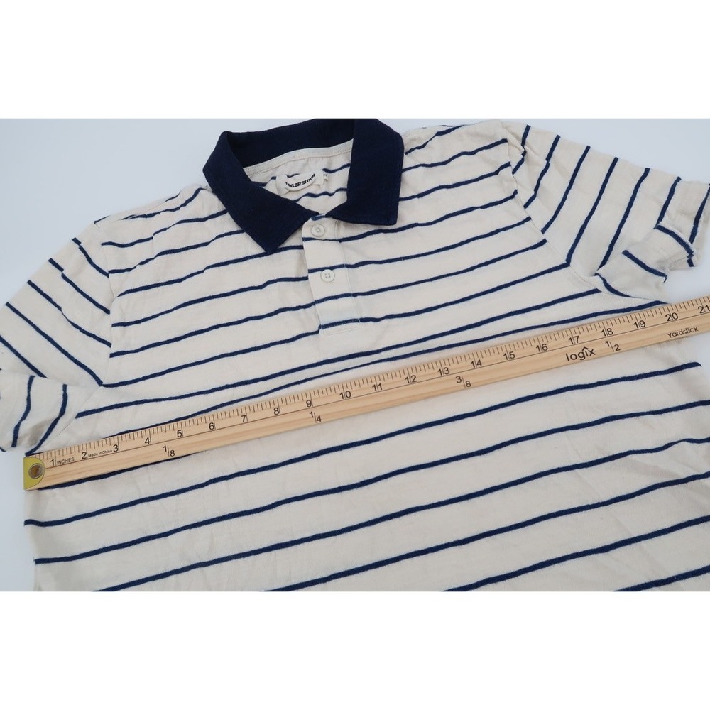 Taylor Stitch Mens 40 Cream Navy Striped Denim Collar Short Sleeve Polo Shirt - Picture 5 of 8